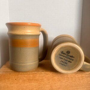 RARE Vintage Sunnycraft Stoneware Hand Decorated 12oz Mugs Set Of 2 Beige & Oran